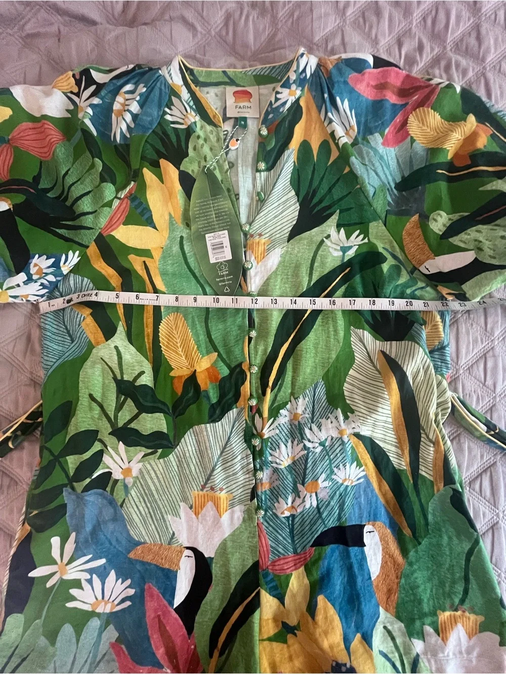 FARM RIO Romper Toucans Linen Blend Belted Green Multicolor - Size Medium NWT